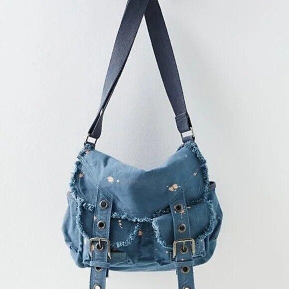 Free People SHADOWBOXER Blue Canvas Messenger Bag Bleach Splash  $98